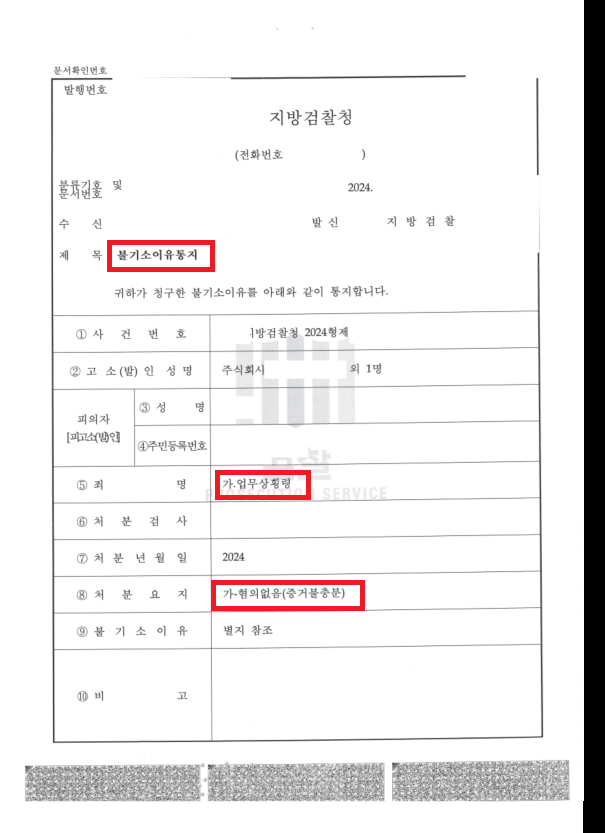 개인정보가 가려진 지방검찰청 불기소이유통지서 — 업무상횡령 혐의없음(증거불충분) 처분