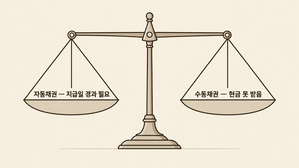 저울 도식 — 왼쪽 접시에 ‘자동채권 — 지급일 경과 필요’, 오른쪽 접시에 ‘수동채권 — 현금 못 받음’이 놓여 있음