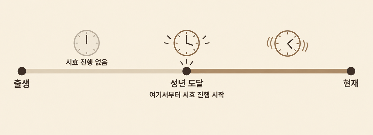 타임라인 도식 — 출생부터 성년 도달까지는 ‘시효 진행 없음’, 성년 도달 지점에 ‘여기서부터 시효 진행 시작’ 표지, 그 뒤 현재까지 시효가 진행하는 구간