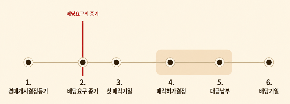 타임라인 도식 — 1. 경매개시결정등기, 2. 배당요구 종기(붉은 선으로 표시), 3. 첫 매각기일, 4. 매각허가결정, 5. 대금납부(4~5 구간이 강조되어 있음), 6. 배당기일