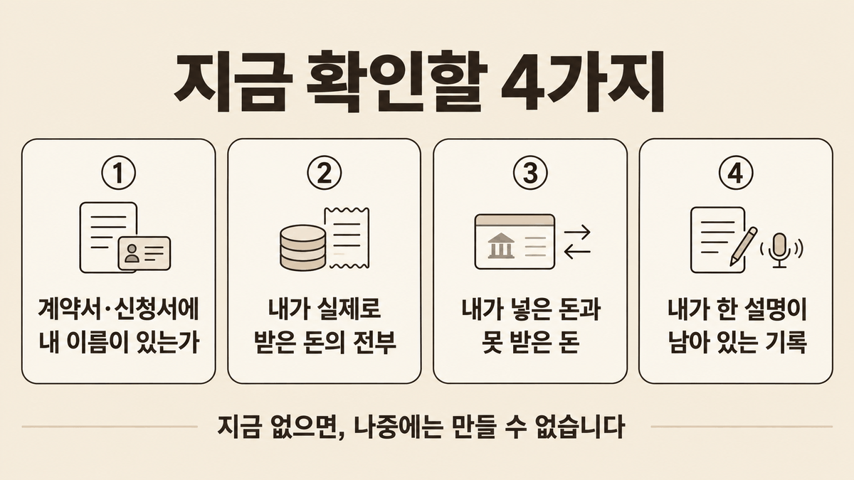 네 장의 카드 — ① 계약서·신청서에 내 이름이 있는가, ② 내가 실제로 받은 돈의 전부, ③ 내가 넣은 돈과 못 받은 돈, ④ 내가 한 설명이 남아 있는 기록. 하단 문구 ‘지금 없으면, 나중에는 만들 수 없습니다’